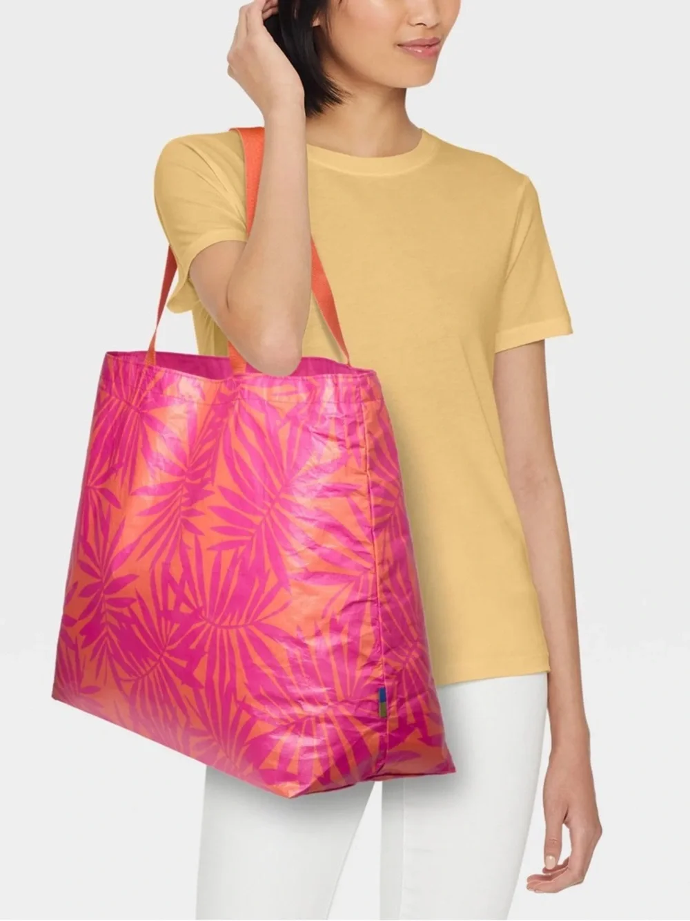 Tropical Palm Print Tote Bag in Pink and Orange - Picture 3 of 5